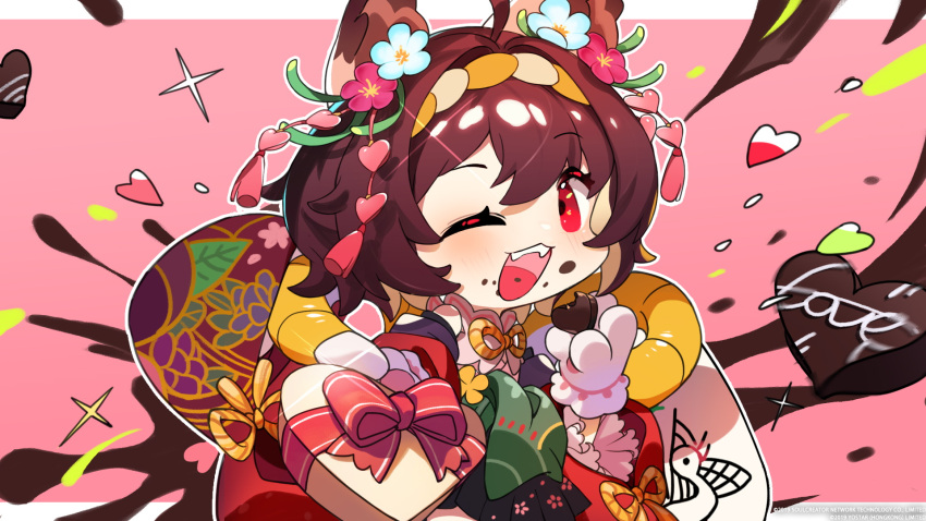 1girl :d animal_ears artist_request box box_of_chocolates candy cat_ears cat_girl chocolate choker commentary english_commentary flower food frilled_choker frills hair_flower hair_ornament heart heart-shaped_box heart-shaped_chocolate highres holding holding_chocolate holding_food ichihime looking_at_viewer mahjong_soul official_art official_wallpaper one_eye_closed pink_flower smile solo white_flower