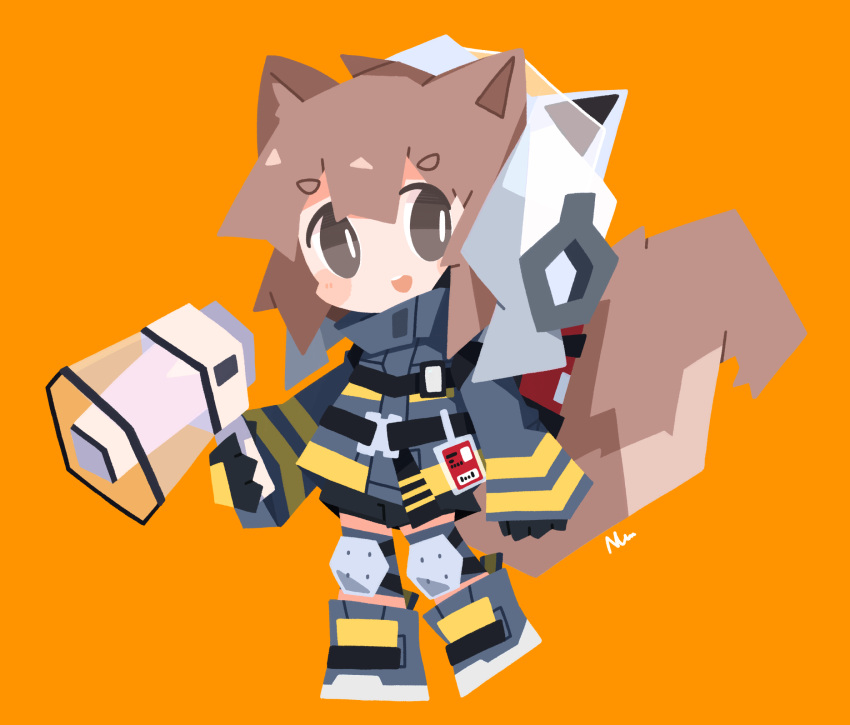 1girl :d animal_ears animal_helmet arknights black_shorts blush_stickers brown_hair chibi fake_animal_ears fire_helmet firefighter_jacket full_body grey_eyes grey_footwear grey_jacket hair_between_eyes highres holding holding_megaphone jacket knee_pads looking_at_viewer megaphone nuu_(nu-nyu) orange_background shaw_(arknights) shoes short_eyebrows shorts signature simple_background smile solo squirrel_ears squirrel_girl squirrel_tail standing standing_on_one_leg tail teeth thick_eyebrows upper_teeth_only white_headwear