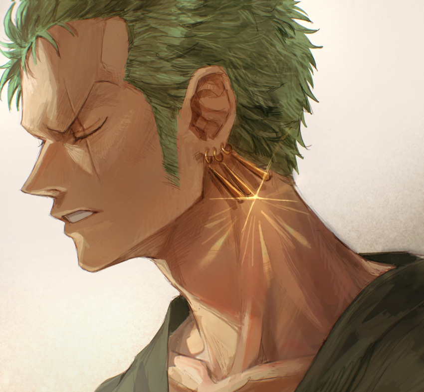 1boy closed_eyes commentary_request earrings green_hair green_theme highres japanese_clothes jewelry looking_to_the_side male_focus oekakiboya one_piece roronoa_zoro scar scar_across_eye short_hair simple_background solo spiked_hair