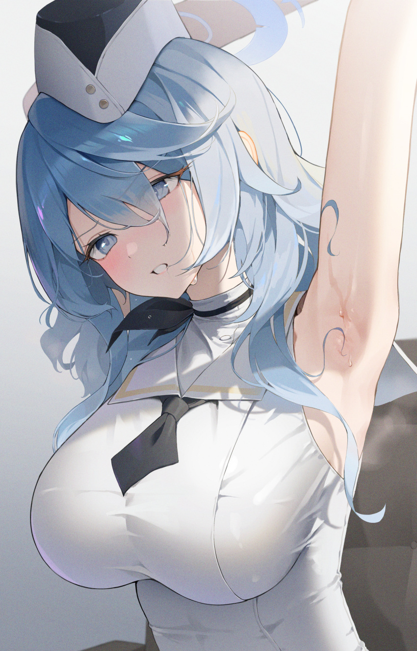 1girl absurdres ako_(blue_archive) armpits arms_up bare_shoulders blue_archive blue_eyes blue_hair blush breasts clenched_teeth dress garrison_cap hair_between_eyes halo hat highres jeon-eo_konoshiro large_breasts long_hair looking_at_viewer necktie solo sweat teeth white_dress white_headwear