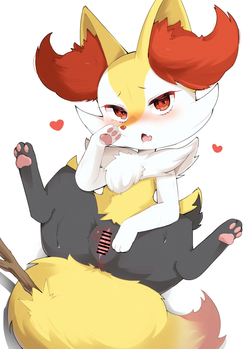 1girl absurdres animal_ear_fluff animal_ears animal_feet animal_hands animal_nose anus bar_censor barefoot black_fur body_fur braixen censored clitoral_hood clitoris commentary commission drooling english_commentary fang feet flat_chest fox_ears fox_girl fox_tail from_above full_body furry furry_female half-closed_eyes hand_up heart highres hukhuk2 legs_up looking_at_viewer lying mosaic_censoring multicolored_fur neck_fur on_back open_mouth pawpads pokemon pokemon_(creature) presenting pussy pussy_juice raised_eyebrows red_eyes saliva simple_background skin_fang snout solo spread_legs spread_pussy stick sweat tail tears thick_thighs thighs toes white_background white_fur yellow_fur