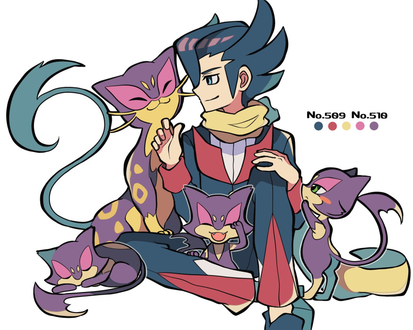 :3 blue_hair closed_eyes colored_skin commentary_request green_eyes grimsley_(pokemon) highres kokashiho liepard pokemon pokemon_(creature) pokemon_(game) pokemon_bw purple_skin purrloin scarf short_hair sitting sleeping spots standing tail whiskers white_background yellow_scarf