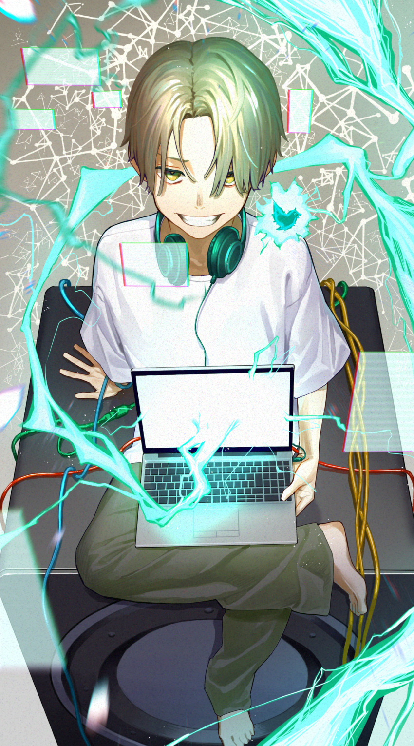 1boy absurdres brown_eyes brown_pants cable computer electricity evil_grin evil_smile figure_four_sitting from_above grin headphones headphones_around_neck highres holding holding_laptop laptop light_brown_hair looking_at_viewer male_focus matsu_bokkuri no_shoes original pants shirt short_hair short_sleeves sitting smile twitter_bird washing_machine white_shirt