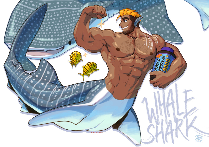 5_fingers abs absurd_res ambiguous_gender biceps carpet_shark countershade_torso countershading dorsal_fin ear_fins english_text eyebrows feral fin fingers fish gills group hair hi_res legless male marine merfolk mondoart muscular muscular_male pecs shark shark_merfolk simple_background smile split_form tail tail_fin text whale_shark white_background