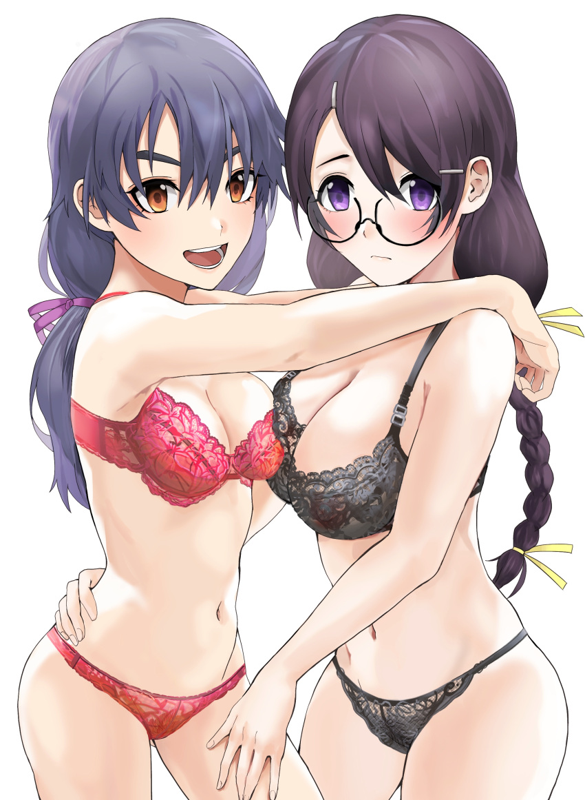 2girls absurdres arm_around_waist arms_around_neck bare_shoulders black-framed_eyewear black_bra black_hair black_panties blush bra braid breasts brown_eyes cleavage commentary commission cowboy_shot face-to-face from_side frown glasses hair_between_eyes hair_ornament hair_ribbon hairclip hand_on_another's_thigh hands_on_another's_shoulders hanekawa_tsubasa highres hug kanbaru_suruga lace lace_bra lace_panties large_breasts light_frown lingerie long_hair looking_at_viewer looking_to_the_side medium_breasts midriff monogatari_(series) multiple_girls nari_(nari149528) navel open_mouth panties purple_eyes purple_hair purple_ribbon red_bra red_panties ribbon semi-rimless_eyewear simple_background smile teeth thick_eyebrows twin_braids twintails under-rim_eyewear underwear v-shaped_eyebrows very_long_hair white_background yellow_ribbon yuri