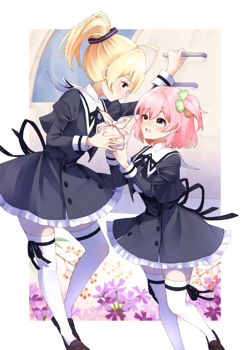 2girls amahara_nue andou_tazusa arm_up assault_lily black_ribbon black_skirt blonde_hair blush border brown_footwear buttons closed_mouth clover_hair_ornament commentary cropped_jacket eye_contact feet_out_of_frame floral_background flower four-leaf_clover_hair_ornament frilled_skirt frills furoshiki giving hair_between_eyes hair_ornament hair_ribbon hand_up hands_up heel_up high-waist_skirt highres hitotsuyanagi_riri holding_bento jewelry juliet_sleeves ladder leg_ribbon loafers long_sleeves looking_at_another looking_down looking_up miniskirt multiple_girls one_side_up open_mouth outside_border pink_eyes ponytail profile puffy_sleeves purple_flower purple_ribbon red_flower ribbon ring school_uniform shirt shoes short_hair skirt standing striped striped_ribbon symbol-only_commentary teeth thigh_ribbon thighhighs upper_teeth_only white_border white_shirt white_thighhighs wrapped_bento yurigaoka_girls_academy_school_uniform zettai_ryouiki