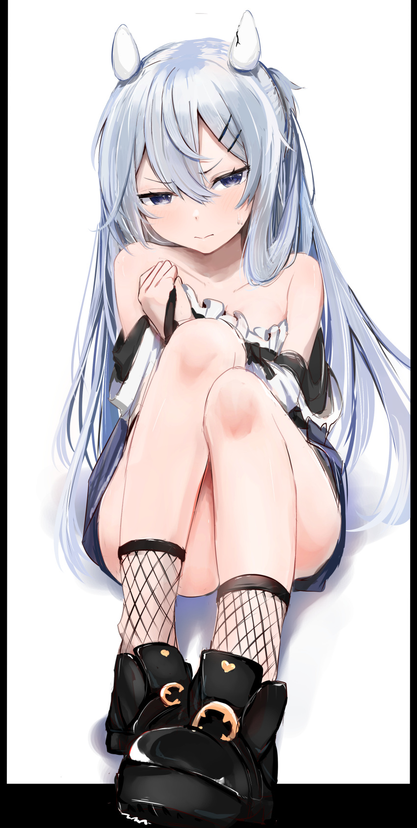 1girl absurdres bare_shoulders black_border black_footwear blue_eyes border casual collarbone full_body grey_hair hair_between_eyes hair_ornament hairclip highres i-203_(kancolle) kantai_collection long_hair looking_at_viewer mok4suke official_alternate_costume simple_background solo white_background