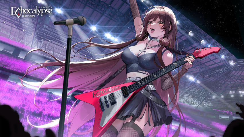 1girl arm_up artist_request black_garter_straps black_skirt breasts brown_(echocalypse) brown_eyes brown_hair collar copyright_name crop_top cross cross_necklace crowd echocalypse electric_guitar fishnet_thighhighs fishnets from_below garter_straps glowstick guitar highres holding_guitar idol instrument jewelry logo long_hair microphone microphone_stand necklace night night_sky official_art open_mouth penlight_(glowstick) second-party_source skirt sky solo spiked_collar spikes stadium sweat thighhighs torn_clothes