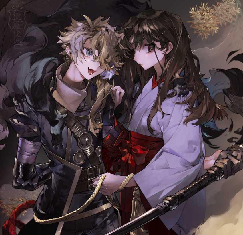 1boy 1girl bandaged_arm bandages belt blonde_hair blue_eyes brown_eyes brown_hair claws commentary_request fang female_saniwa_(touken_ranbu) flower gloves hair_ornament hair_over_one_eye hairclip hakama hakama_skirt head_tilt highres holding holding_sword holding_weapon japanese_clothes kazanniro kimono long_hair looking_at_another looking_at_object low_ponytail multiple_belts red_hakama shishiou signature skirt sword tassel touken_ranbu twitter_username upper_body weapon