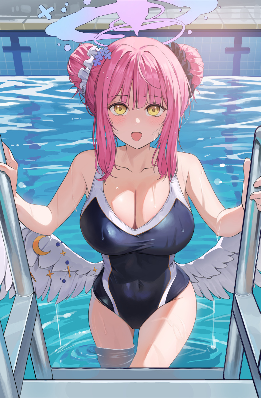1girl absurdres angel_wings bare_shoulders black_scrunchie blue_archive blue_one-piece_swimsuit breasts cleavage commentary covered_navel double_bun feathered_wings frilled_ribbon frills hair_bun hair_ornament hair_ribbon hair_scrunchie halo highres huge_breasts kookie looking_at_viewer low_wings mika_(blue_archive) one-piece_swimsuit open_mouth pink_hair pink_halo pool pool_ladder ribbon scrunchie smile solo swimsuit wading white_ribbon white_wings wings yellow_eyes