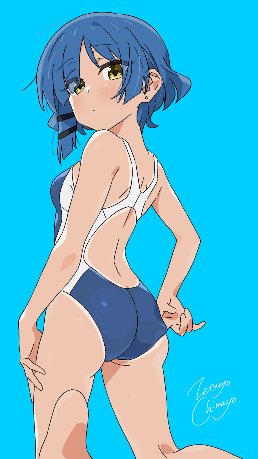 1girl absurdres adjusting_clothes adjusting_swimsuit aqua_background artist_name ass back blue_background blue_hair blue_one-piece_swimsuit bocchi_the_rock! competition_swimsuit earrings from_behind highres jewelry kneeling mole mole_under_eye one-piece_swimsuit short_hair signature simple_background solo swimsuit tan tanline_peek tanlines two-tone_swimsuit white_one-piece_swimsuit yamada_ryou yellow_eyes zetsuyo_chimayo