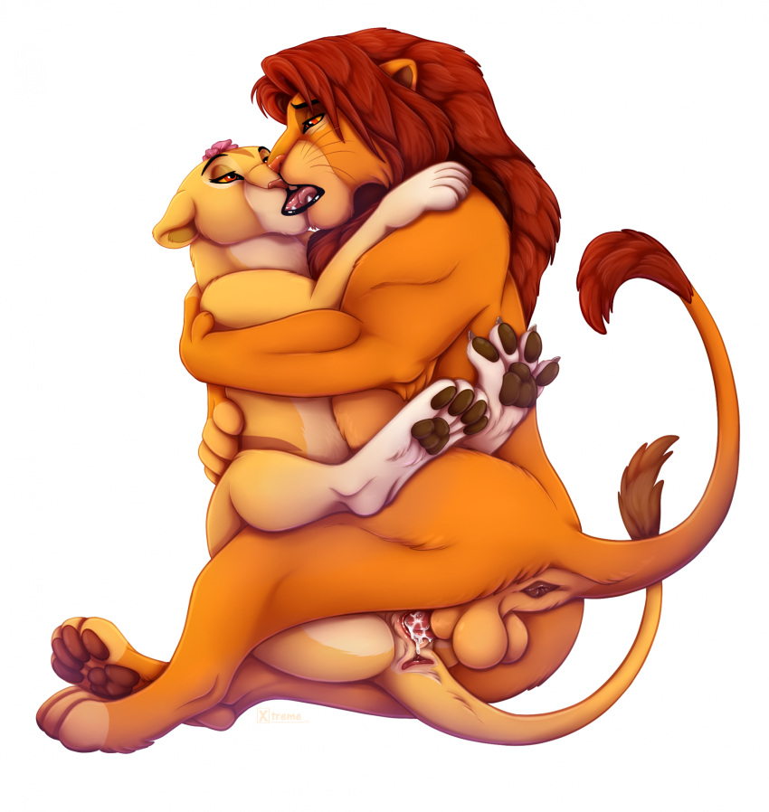 balls bodily_fluids cum cum_inside disney duo fan_character felid female feral feral_on_feral french_kissing genital_fluids genitals hi_res kissing lion loving_embrace loving_gaze loving_sex male male/female mammal pantherine pawpads paws penetration simba_(the_lion_king) tail_anus the_lion_king vaginal vaginal_penetration xtreme3246