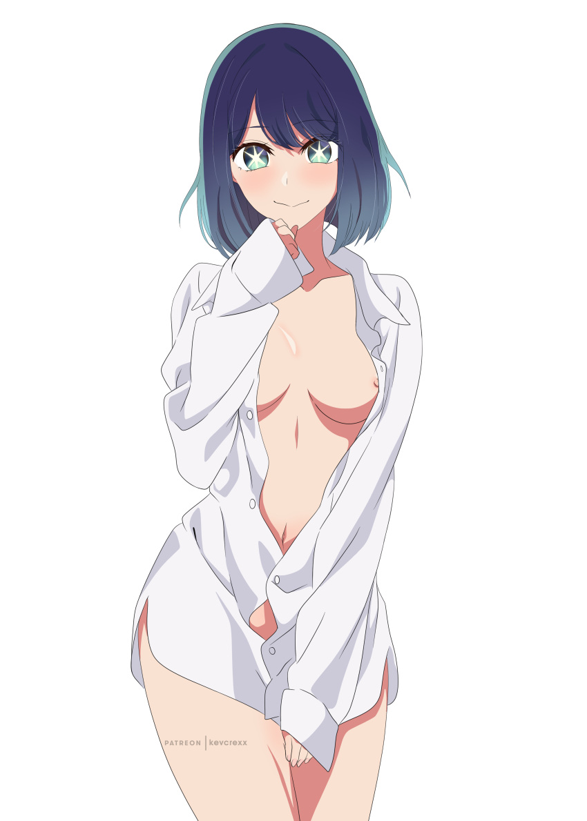 1girl absurdres blue_eyes blue_hair breasts commentary english_commentary highres kevcrexx kurokawa_akane light_blue_hair long_sleeves looking_at_viewer medium_breasts medium_hair mixed-language_commentary navel nipple_slip nipples no_bra no_panties open_clothes oshi_no_ko shirt simple_background solo star-shaped_pupils star_(symbol) star_in_eye symbol-shaped_pupils symbol_in_eye white_background white_shirt