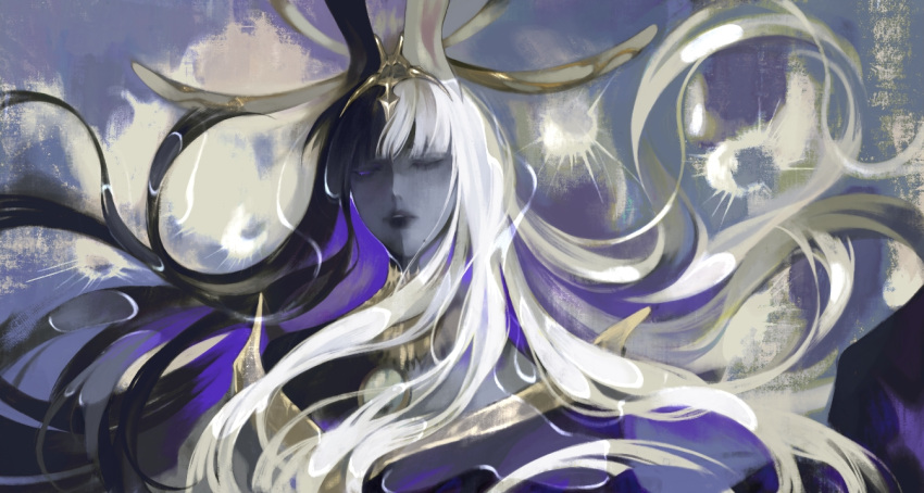 1girl abstract_background animal_ears black_hair black_lips black_skin blunt_bangs colored_skin commentary expressionless final_fantasy final_fantasy_xiv floating_hair gold_trim grey_skin headpiece japanese_clothes jiaoyan_chacha kimono long_hair looking_to_the_side mole mole_under_mouth multicolored_hair multicolored_skin one_eye_closed portrait purple_eyes purple_kimono rabbit_ears solo split-color_hair symbol-only_commentary tiara tsukuyomi_(ff14) two-tone_hair two-tone_skin white_hair yellow_collar