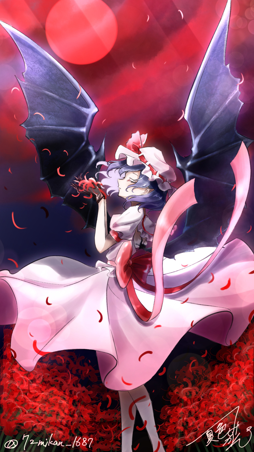 1girl 72mikan_1687 absurdres back_bow bat_wings black_gloves blue_hair bow closed_eyes commentary_request eyelashes falling_petals feet_out_of_frame floating_clothes floating_hair flower foreshortening from_side full_body gloves hands_up hat hat_bow highres holding holding_flower light_smile long_ribbon medium_hair mob_cap moon night outdoors petals pink_shirt pink_skirt profile puffy_short_sleeves puffy_sleeves red_bow red_flower red_moon red_ribbon red_sky remilia_day remilia_scarlet ribbon shirt short_sleeves signature skirt sky solo spider_lily standing touhou twitter_username white_headwear wings