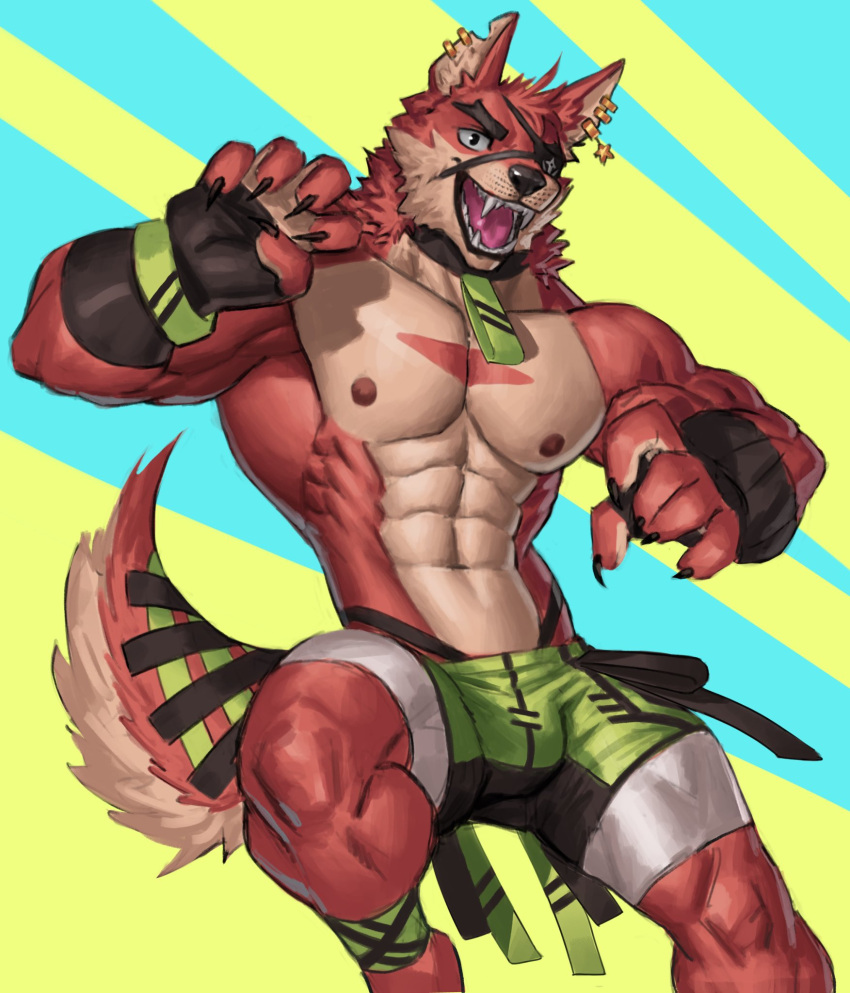 2023 abs abstract_background alexxxnttt anthro bottomwear canid canine clothing collar ear_piercing eye_patch eyewear fingerless_gloves gloves handwear hi_res male mammal muscular notched_ear open_mouth piercing shorts solo