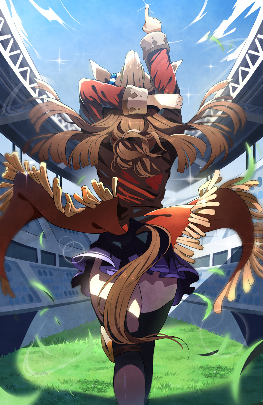 1girl absurdres animal_ears arm_behind_back black_thighhighs blue_sky ear_ornament el_condor_pasa_(umamusume) english_commentary feet_out_of_frame from_behind grass highres horse_ears horse_girl horse_tail jacket long_hair long_sleeves outdoors pleated_skirt pointing pointing_up ponytail purple_skirt red_jacket skirt sky solo sparkle stadium sylph_kim tail tail_through_clothes thigh_strap thighhighs umamusume