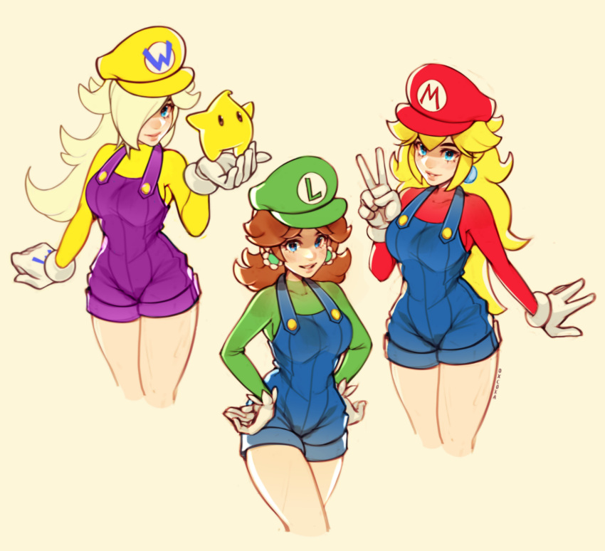 3girls alternate_costume arm_at_side artist_name blonde_hair blue_eyes blue_overalls blush breasts brown_eyes brown_hair buttons cabbie_hat closed_mouth clothes_writing commentary cosplay covered_collarbone cowboy_shot cropped_legs earrings english_commentary flower_earrings gloves green_headwear green_shirt grin hair_flaps hair_over_one_eye hand_up hands_on_own_hips happy hat highres jewelry long_hair long_sleeves looking_at_viewer luigi luigi_(cosplay) luma_(mario) mario mario_(cosplay) mario_(series) medium_breasts medium_hair multiple_girls one_eye_covered overall_shorts overalls oxcoxa parted_bangs parted_lips princess_daisy princess_peach purple_overalls red_headwear red_shirt rosalina shirt sidelocks signature simple_background smile standing teeth thighs v wario wario_(cosplay) white_gloves yellow_background yellow_headwear yellow_shirt