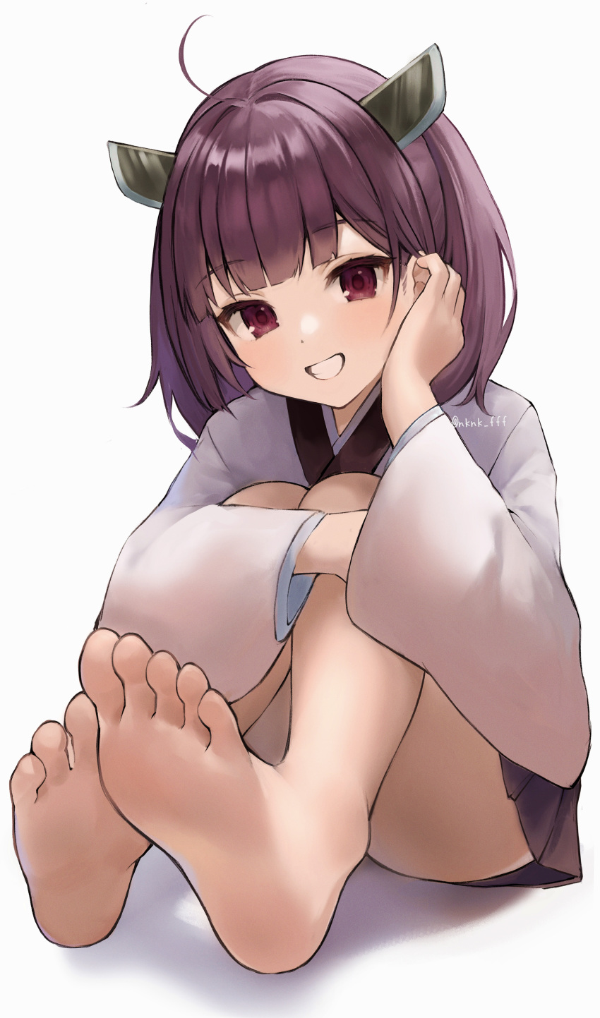 1girl :d absurdres ahoge barefoot blush brown_skirt convenient_leg feet foot_focus foreshortening full_body grey_background hand_up highres hugging_own_legs japanese_clothes kimono knees_up long_hair looking_at_viewer on_floor pleated_skirt purple_hair red_eyes shadow sitting skirt smile soles solo tananuki teeth thighs toes touhoku_kiritan twitter_username voiceroid wide_sleeves