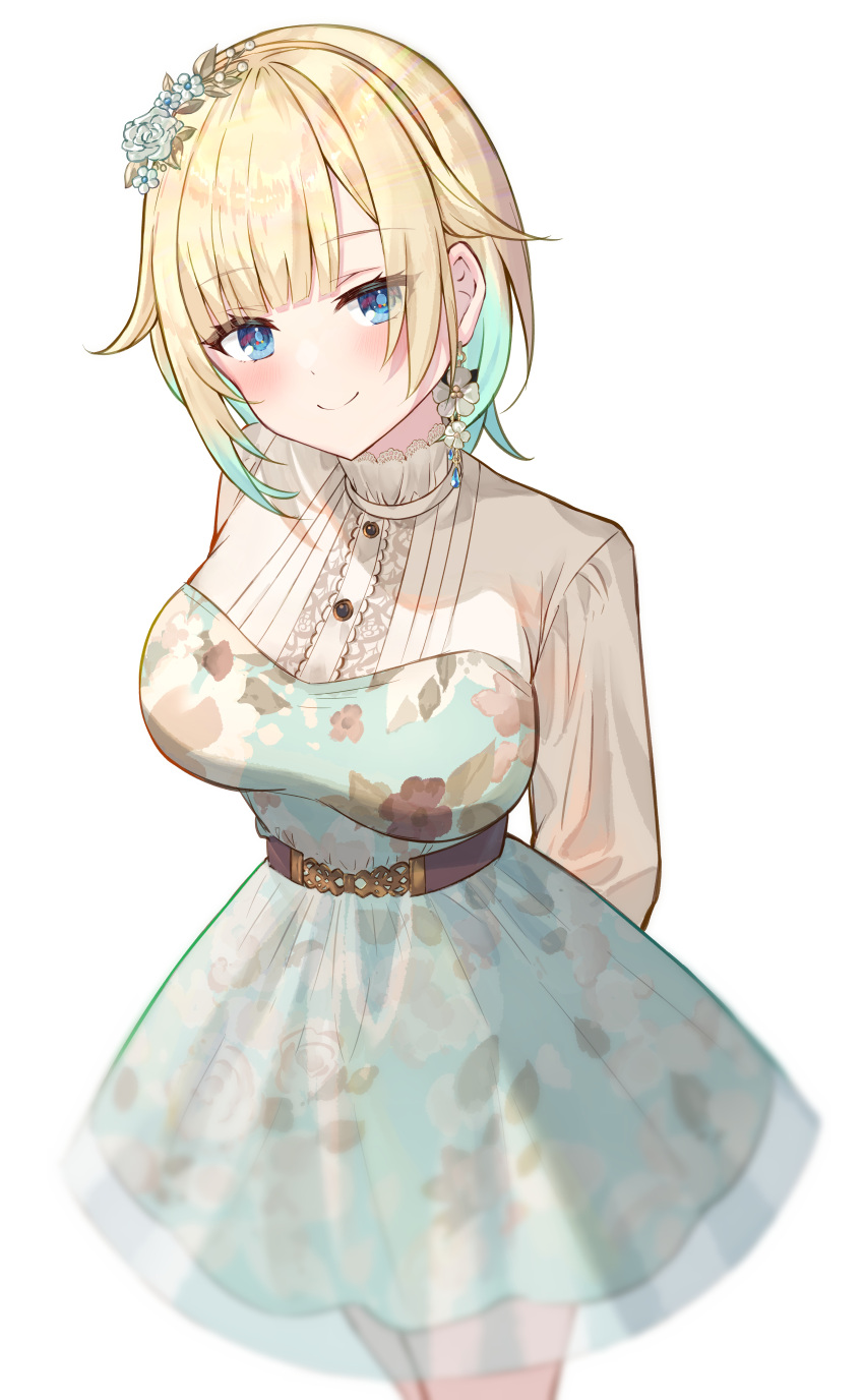 1girl absurdres aizawa_ema belt blonde_hair blue_dress blue_eyes blush brown_belt dress earrings floral_print flower flower_earrings gradient_hair green_hair hair_flower hair_ornament hairband highres jewelry lace-trimmed_shirt lace_trim long_sleeves looking_at_viewer multicolored_hair official_alternate_costume shirt short_hair simple_background smile solo turtleneck virtual_youtuber vspo! white_background white_shirt yoto_4102
