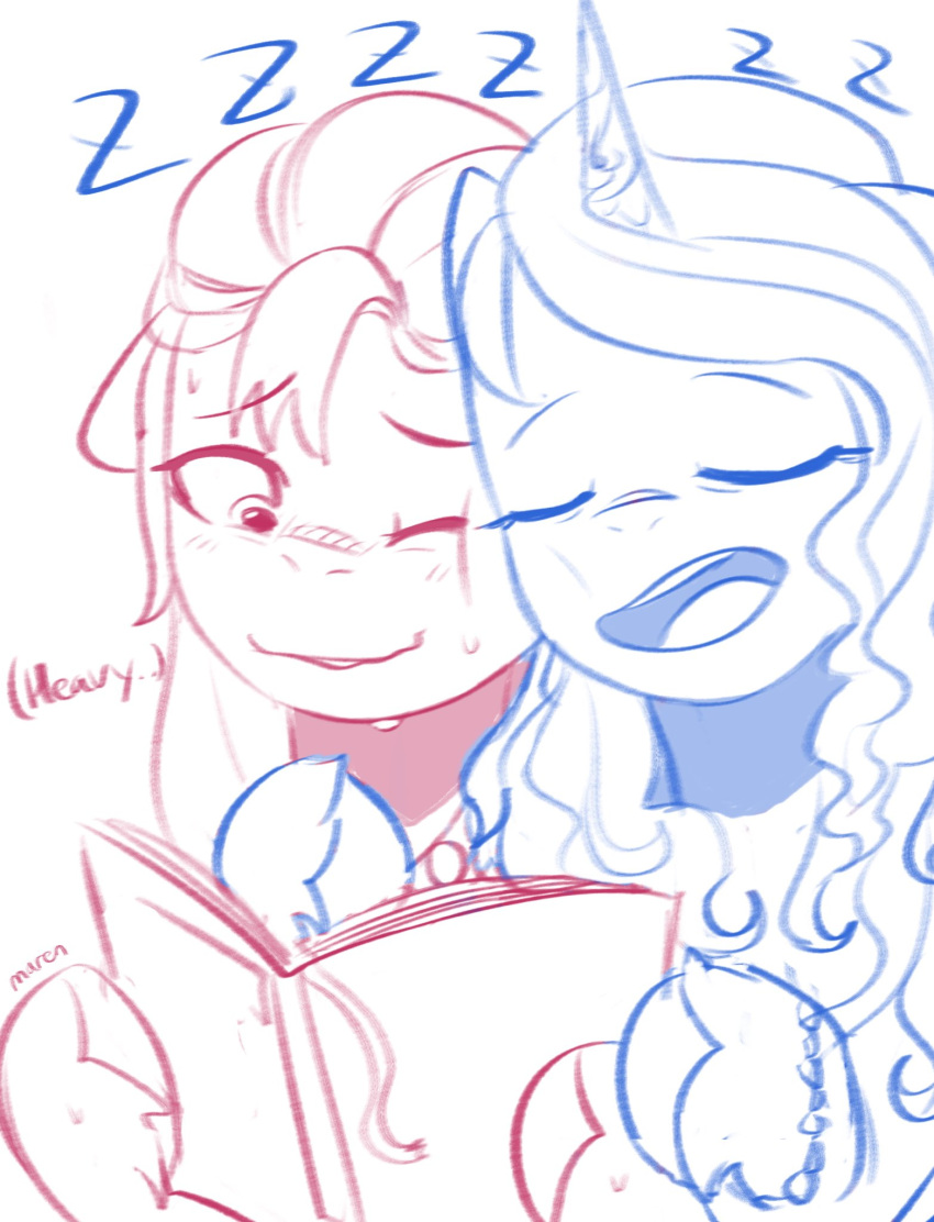 book earth_pony equid equine eyes_closed hasbro hi_res hooves horn horse izzy_moonbow_(mlp) mammal marenlicious mlp_g5 my_little_pony one_eye_closed pony sleeping sound_effects sunny_starscout_(mlp) unicorn vowelless vowelless_sound_effect zzz