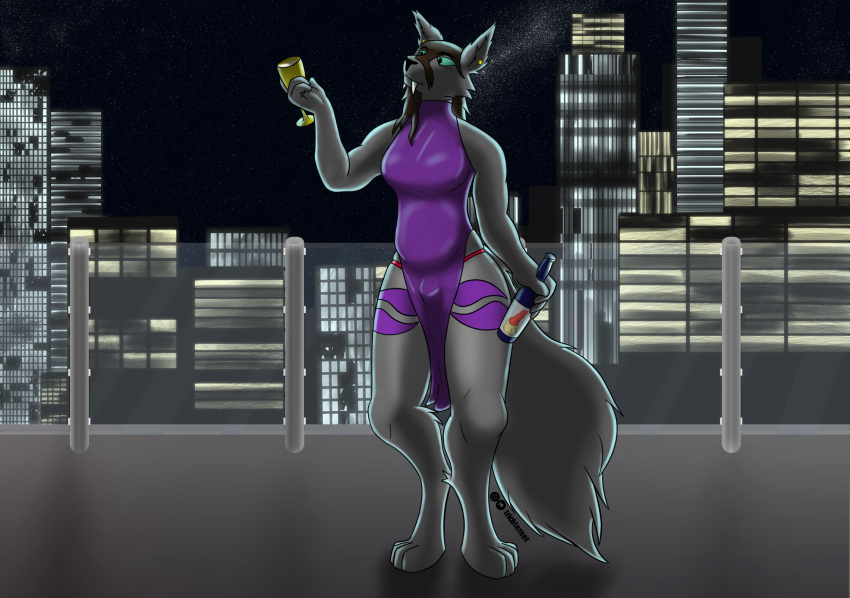 alcoholic_drink anthro bodily_fluids breasts bulge city city_background cityscape clothed clothing container cum cup dress drinking_glass genital_fluids glass glass_container glass_cup gynomorph hi_res intersex panties panty_shot solo tattoo trans_(lore) trans_woman_(lore) trichternet underwear wine_bottle wine_glass