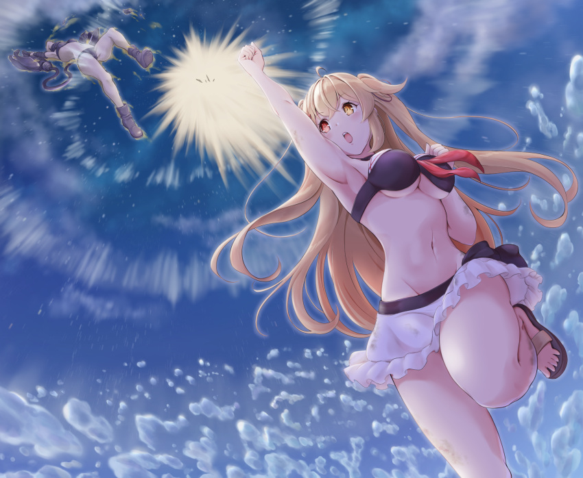 2girls adapted_costume bikini black_bikini blue_sky breasts brown_eyes cloud commentary_request commission crout5000 day feet_out_of_frame from_behind groin highres kantai_collection light_brown_hair long_hair medium_breasts multiple_girls murasame_(kancolle) murasame_kai_ni_(kancolle) navel official_alternate_costume one_eye_closed outdoors ri-class_heavy_cruiser sandals skirt sky solo_focus swimsuit two_side_up uppercut water white_skirt