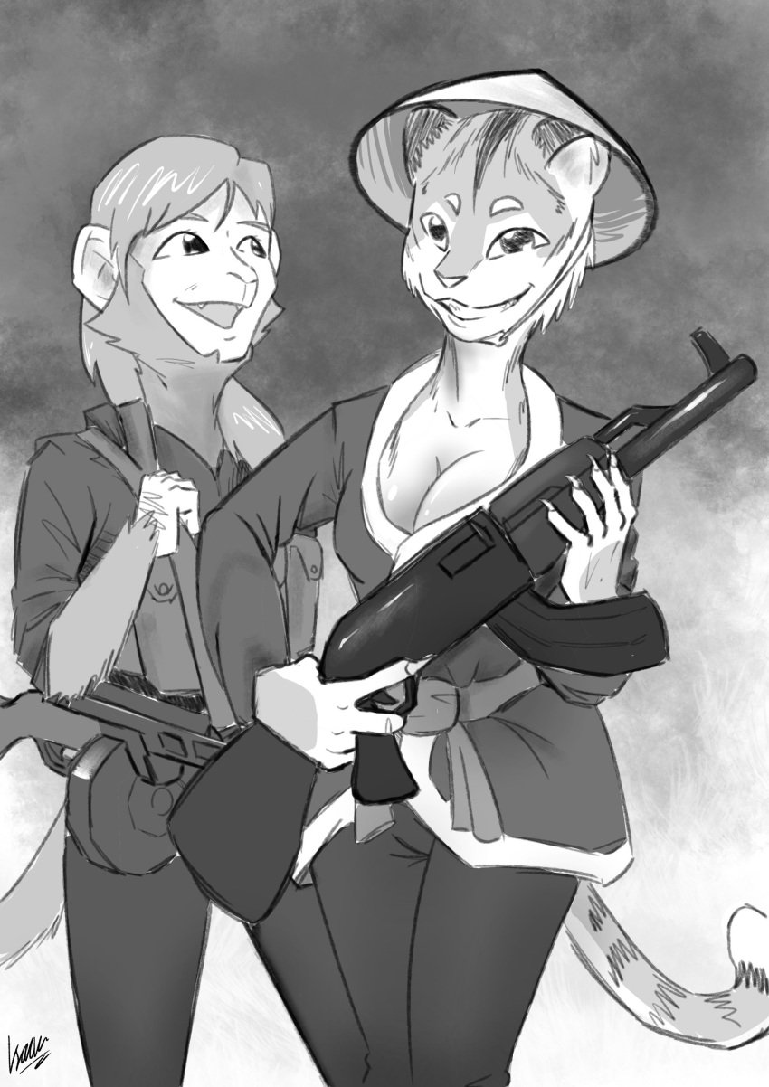 absurd_res ak-47 anthro ape assault_rifle black_and_white black_pajamas breasts cleavage clothed clothing digital_media_(artwork) duo felid feline female greyscale guerilla gun hair haplorhine hat headgear headwear hi_res holding_gun holding_object holding_rifle holding_weapon looking_at_viewer looking_away mammal metrosaurus monkey monochrome open_mouth pantherine portrait pouches ppsh-41 primate ranged_weapon rifle signature simple_background sketch smile straps submachine_gun tail tiger vietcong vietnam vietnam_war vietnamese vietnamese_girl war weapon