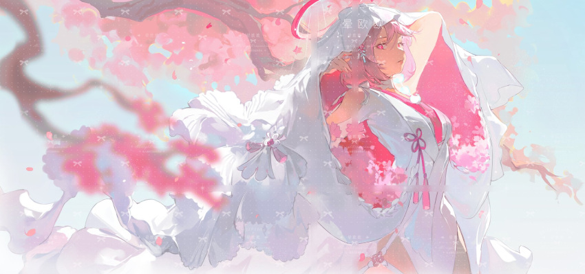 1girl arm_behind_head blue_sky branch bridal_gauntlets check_copyright cherry_blossoms chinese_commentary closed_mouth commentary_request commission copyright_request day eyelashes falling_petals flower_knot frown hair_ornament hairclip halo hand_up highres japanese_clothes kimono lifted_by_self looking_at_viewer original outdoors petals pink_eyes pink_hair pink_halo pink_veil sample_watermark short_hair short_kimono sky sleeveless sleeveless_kimono solo tassel two-sided_veil watermark white_garter white_kimono white_veil yunouou10