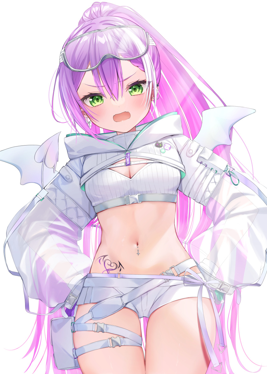 1girl absurdres breasts colored_inner_hair demon_girl fangs gloves goggles goggles_on_head green_eyes highres hip_tattoo hololive ineka_ka knee_pads long_hair long_sleeves looking_at_viewer medium_breasts midriff multicolored_hair navel navel_piercing official_alternate_costume piercing pink_hair pointy_ears ponytail purple_hair see-through see-through_sleeves short_shorts shorts skin_fangs solo streaked_hair tokoyami_towa tokoyami_towa_(5th_costume) virtual_youtuber white_gloves white_shorts