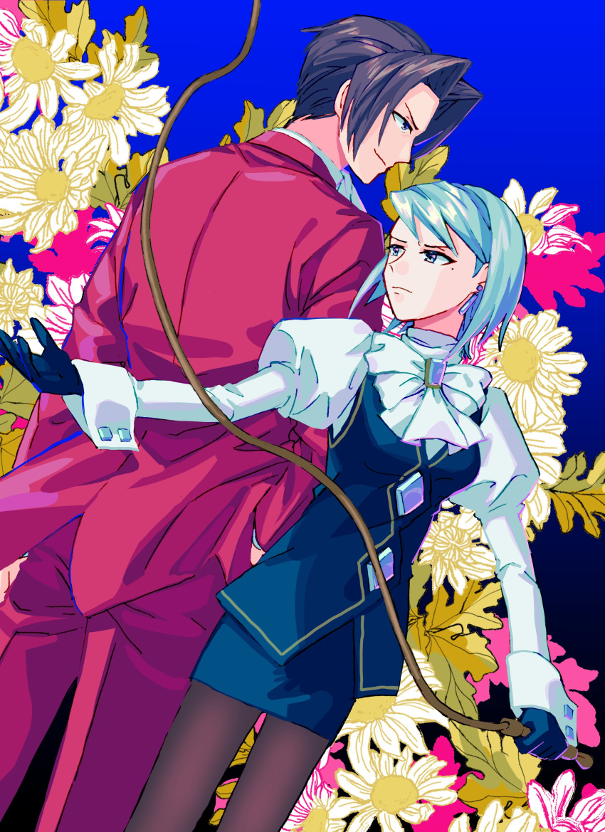 1boy 1girl absurdres ace_attorney ascot black_gloves blue_hair brooch closed_mouth floral_background franziska_von_karma gloves hand_in_pocket hand_up highres holding holding_weapon holding_whip jewelry light_blue_hair long_sleeves miles_edgeworth oshaberi_usagi pantyhose puffy_long_sleeves puffy_sleeves red_suit ribbon short_hair skirt smile suit vest weapon