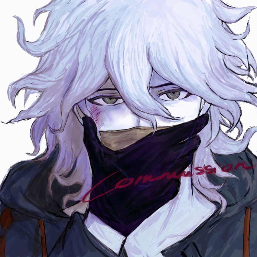 1boy black_gloves brown_hair commission danganronpa_(series) danganronpa_2:_goodbye_despair gag gloves green_jacket grey_hair hair_between_eyes hand_up highres holding hood hood_down hooded_jacket improvised_gag jacket komaeda_nagito long_sleeves messy_hair multicolored_hair portrait simple_background solo tape tape_gag two-tone_hair white_background xiang_(hako54559088)