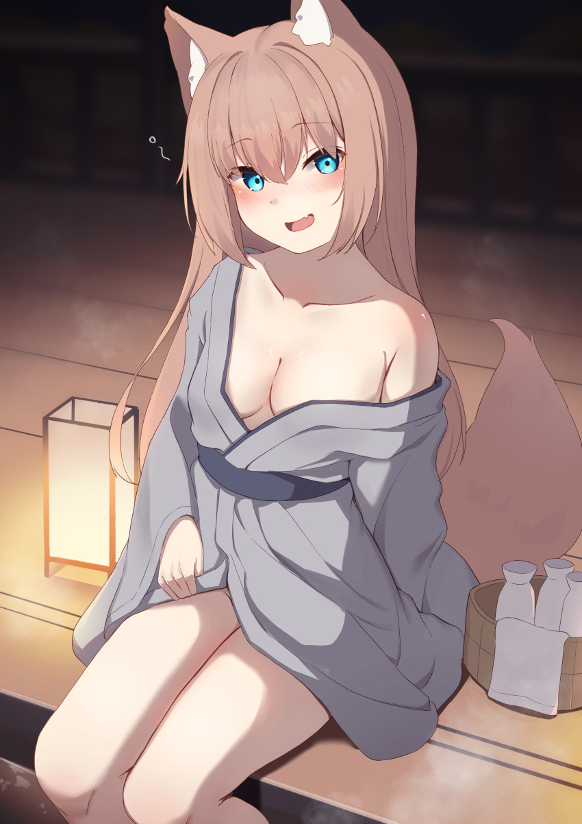 1girl :d absurdres animal_ears ashiyu blue_eyes blush breasts brown_hair collarbone commentary_request fang feet_out_of_frame fox_ears fox_girl fox_tail grey_kimono hair_between_eyes highres hinata_(user_rjkt4745) japanese_clothes kimono lantern long_hair long_sleeves looking_at_viewer medium_breasts obi off_shoulder original sash sitting sleeves_past_wrists smile solo tail very_long_hair wide_sleeves