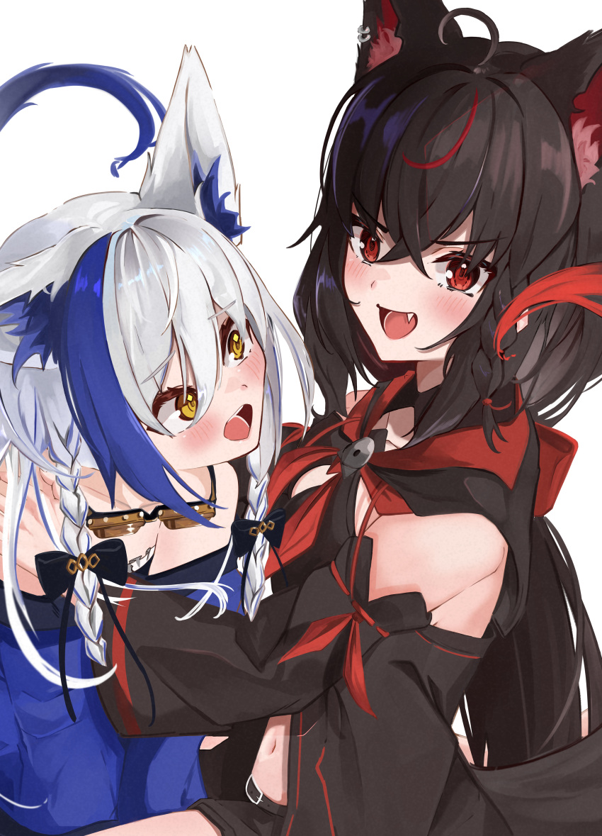 absurdres ahoge animal_ear_fluff animal_ears aomiya_yozuri black_bow black_hair black_hoodie black_shorts blue_hair blue_shirt blush bow braid cat_ears cat_girl cat_tail commentary_request detached_sleeves earrings fang fox_ears fox_girl fox_tail goggles goggles_around_neck hair_between_eyes hair_bow hands_on_another's_shoulders highres hololive hood hoodie jewelry kurokami_fubuki long_hair looking_at_another midriff multicolored_hair navel neckerchief open_mouth red_hair red_neckerchief shirt short_shorts shorts sidelocks simple_background single_braid siyara_amau smile streaked_hair tail twin_braids vee_(vtuber) virtual_youtuber white_background white_hair