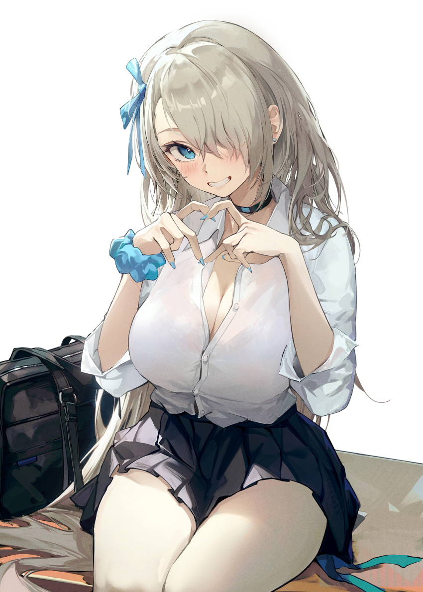 1girl asuna_(blue_archive) bag black_bag black_skirt blue_archive blue_eyes blue_nails blue_ribbon blush breasts cleavage clenched_teeth desk drive_shot earrings finger_heart fingernails hair_over_one_eye hair_ribbon highres jewelry large_breasts light_brown_hair long_hair looking_at_viewer nail_polish on_desk partially_unbuttoned pleated_skirt ribbon school_bag school_desk school_uniform scrunchie shirt simple_background sitting sitting_on_desk skirt sleeves_rolled_up smile solo teeth very_long_hair white_background white_shirt wrist_scrunchie