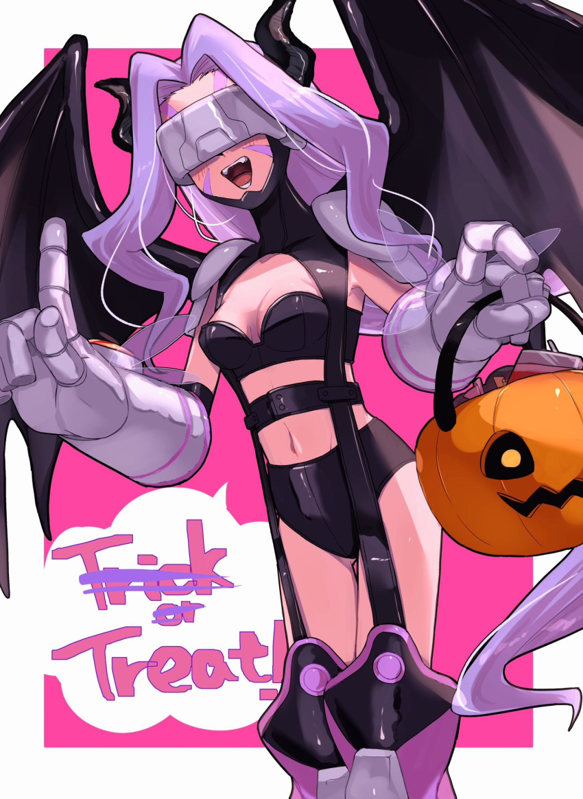 1girl adapted_costume alternate_color arm_warmers bikini black_bikini boots breasts bucket cleavage collarbone commentary_request covered_eyes demon_horns demon_wings digimon digimon_(creature) facial_mark fairimon garter_straps gloves grey_gloves groin halloween halloween_bucket halloween_costume head-mounted_display highres holding holding_bucket horns index_finger_raised long_hair midriff navel open_mouth parted_bangs purple_background purple_hair shoulder_pads small_breasts smile solo swimsuit takeda_conomi teeth thigh_boots trick_or_treat very_long_hair wings