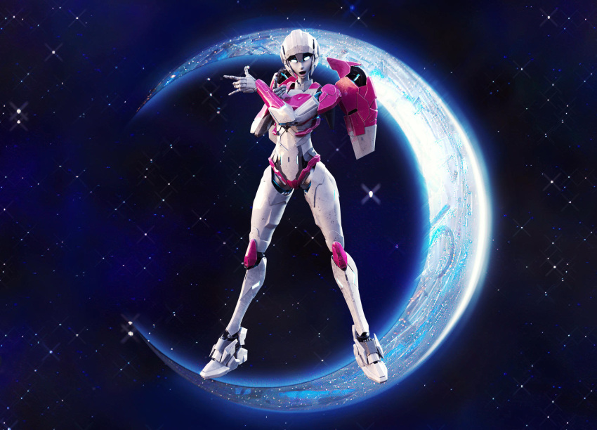 3d arcee autobot backpack bag blender_(medium) blue_eyes breasts colored_skin crescent_moon glowing glowing_eyes highres humanoid_robot insignia jpl-animation medium_breasts metal_skin moon panties pink_lips pink_panties robot robot_girl star_(sky) transformers tsuki_ni_kawatte_oshioki_yo underwear white_skin