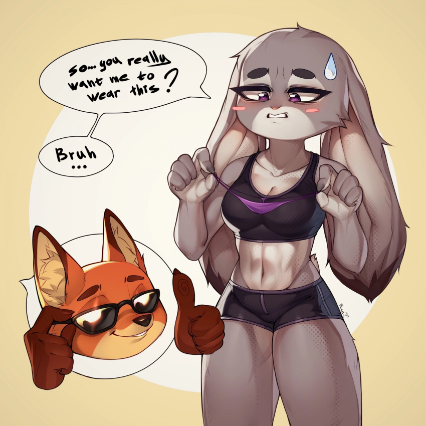 breasts canid canine cleavage clothed clothing dialogue disney eyewear female fox fur grey_body grey_fur hi_res holding_clothing holding_object holding_panties holding_underwear judy_hopps lagomorph leporid male mammal minekoo2 nick_wilde panties rabbit sunglasses underwear zootopia