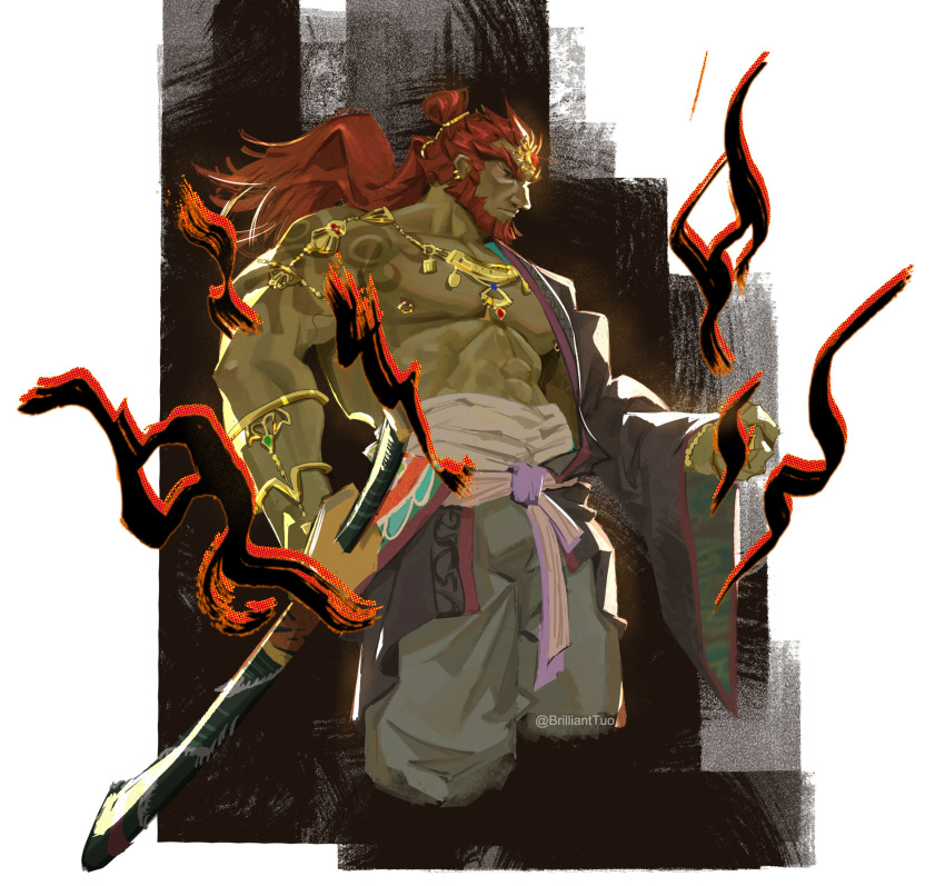 1boy abs absurdres artist_request aura bara bare_pectorals beard black_sclera colored_sclera cropped_legs dark_aura facial_hair frown ganondorf gold_necklace hadanugi_dousa highres holding holding_sword holding_weapon japanese_clothes jewelry kimono large_pectorals long_hair looking_to_the_side male_focus mature_male midriff_sarashi muscular muscular_male necklace nipple_piercing nipple_rings nipples painterly pectorals piercing pointy_ears red_hair sarashi serious short_kimono solo sword the_legend_of_zelda weapon wrinkled_skin