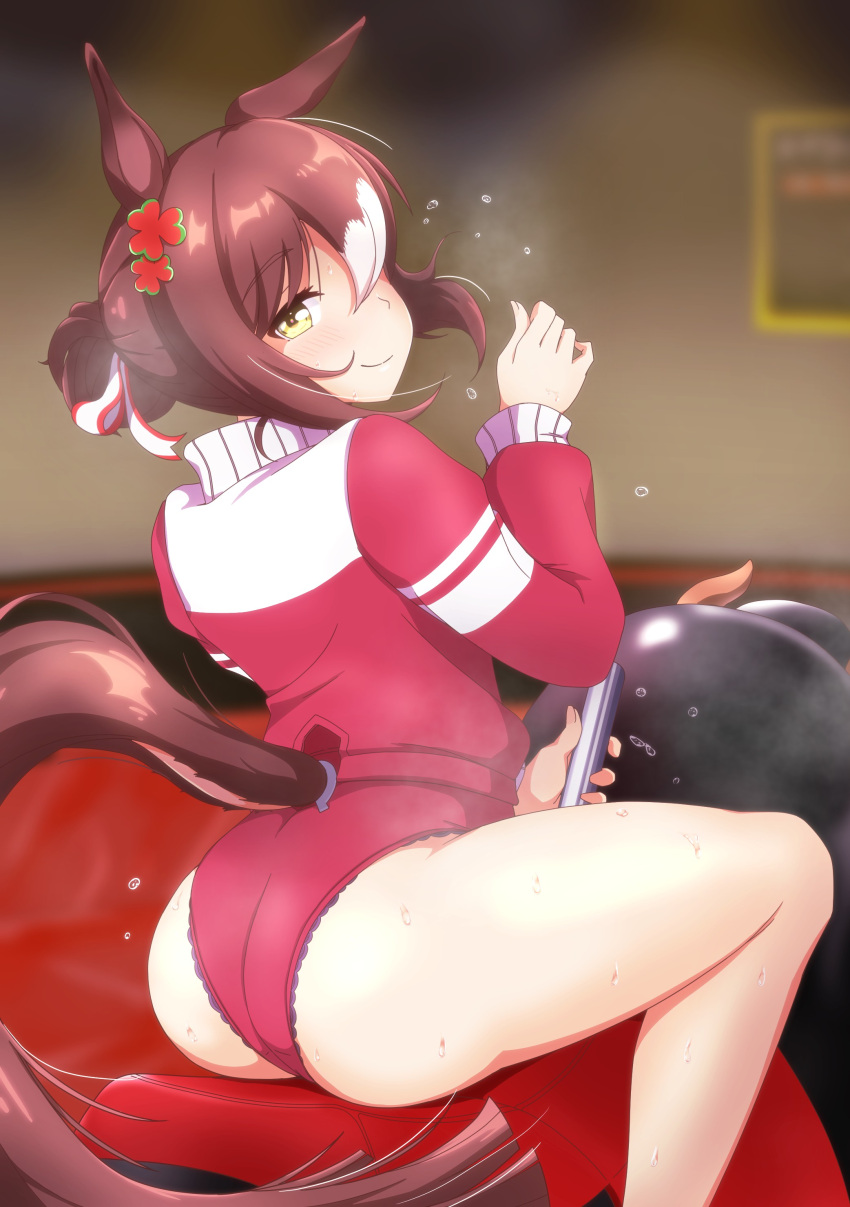 1girl absurdres animal_ears ass blurry blurry_background blush commentary_request commission fine_motion_(umamusume) folded_ponytail hair_ornament highres horse_ears horse_girl horse_tail jacket looking_at_viewer looking_back shiodanx skeb_commission smile solo steaming_body sweat tail thighs track_jacket umamusume