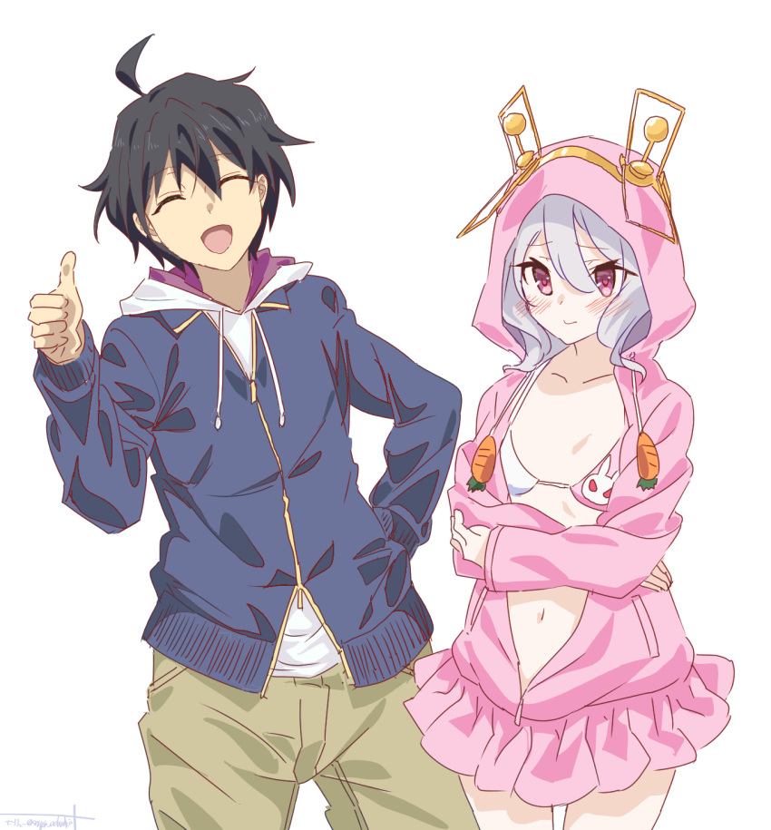 1boy 1girl ^_^ abe_atsushi ahoge antennae arm_at_side bikini black_hair blue_hoodie blush brown_pants carrot chromatic_aberration closed_eyes commentary_request commission cosplay crossed_arms curly_hair flat_chest grey_hair hair_between_eyes highres hood hood_down hooded_jacket hoodie itou_miku jacket kamijou_touma kamijou_touma_(cosplay) karasuma_fran karasuma_fran_(cosplay) kokkoro_(princess_connect!) looking_at_viewer miniskirt multicolored_bikini multicolored_clothes navel open_clothes open_jacket open_mouth pants partially_unzipped pink_eyes pink_jacket princess_connect! print_bikini radio_antenna seryu_oekaki short_hair signature simple_background skeb_commission skirt smile swimsuit thumbs_up toaru_majutsu_no_index toaru_majutsu_no_index:_new_testament unzipped voice_actor_connection white_background yuuki_(princess_connect!)