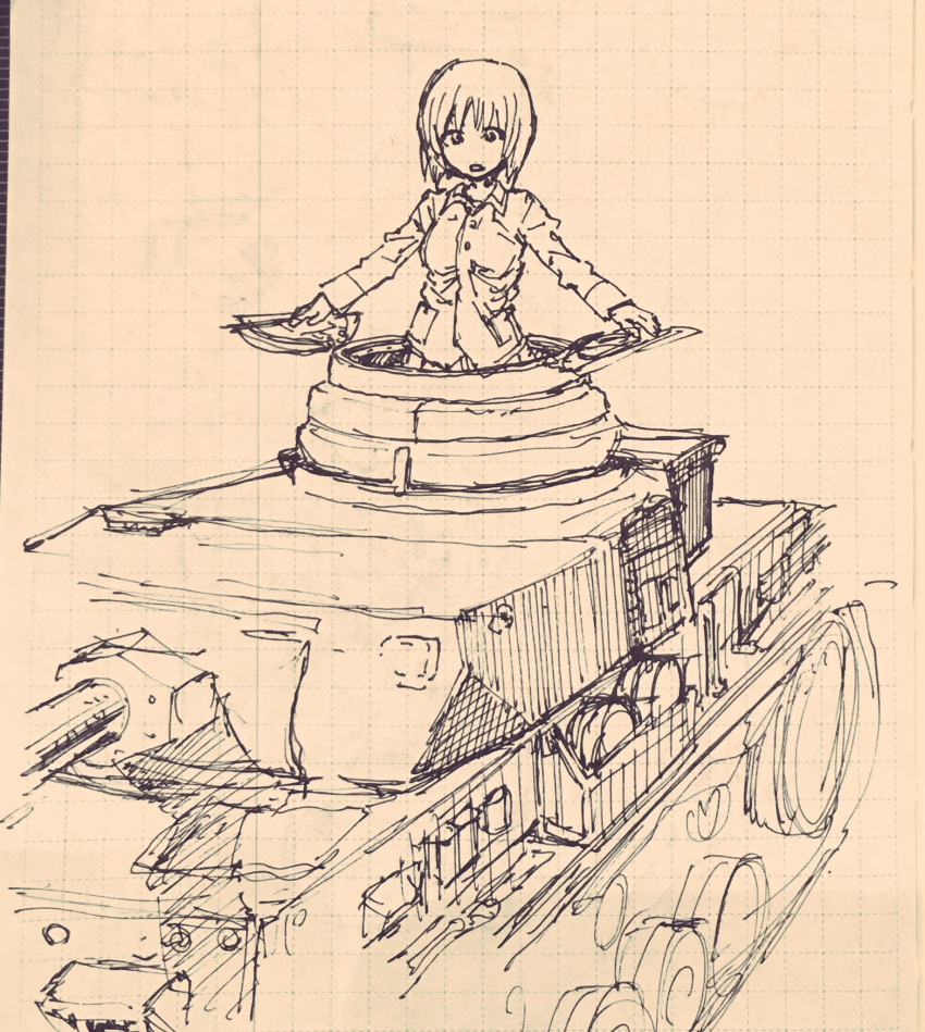 1girl breasts girls_und_panzer greyscale highres kotoyama looking_at_viewer medium_hair military military_vehicle monochrome motor_vehicle nishizumi_miho ooarai_military_uniform open_mouth school_uniform short_hair simple_background sketch solo tank white_background