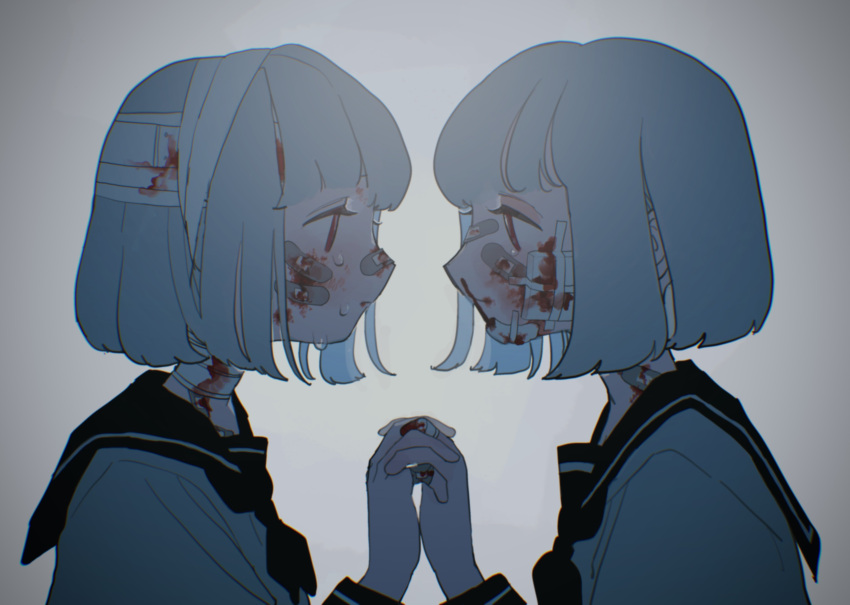 2girls absurdres bandage_on_face bandaged_head bandaged_neck bandages bandaid bandaid_on_face bandaid_on_hand bandaid_on_neck bandaid_on_nose black_sailor_collar blood blood_on_face bob_cut clone commentary_request crying crying_with_eyes_open from_side hand_up highres holding_hands interlocked_fingers missing_finger multiple_girls neckerchief nosebleed original profile red_eyes sailor_collar school_uniform serafuku shirt short_hair suikaaisu tears white_hair white_shirt