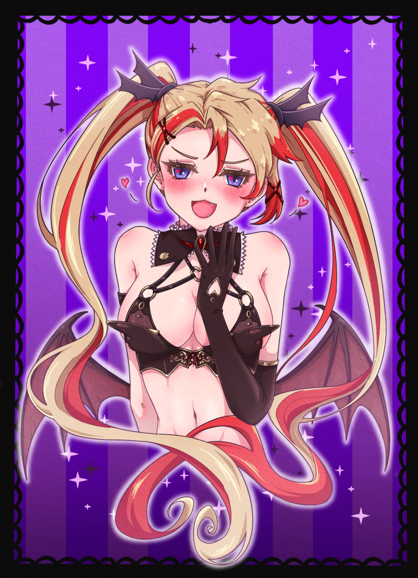 1girl axel_syrios black_bra blonde_hair blue_eyes blush bra breasts cleavage demon_wings detached_collar e1ctricee1s elbow_gloves fang genderswap genderswap_(mtf) gloves heart heart_in_eye highres holostars holostars_english low_wings multicolored_hair navel red_hair streaked_hair striped striped_background symbol_in_eye twintails underwear virtual_youtuber wings
