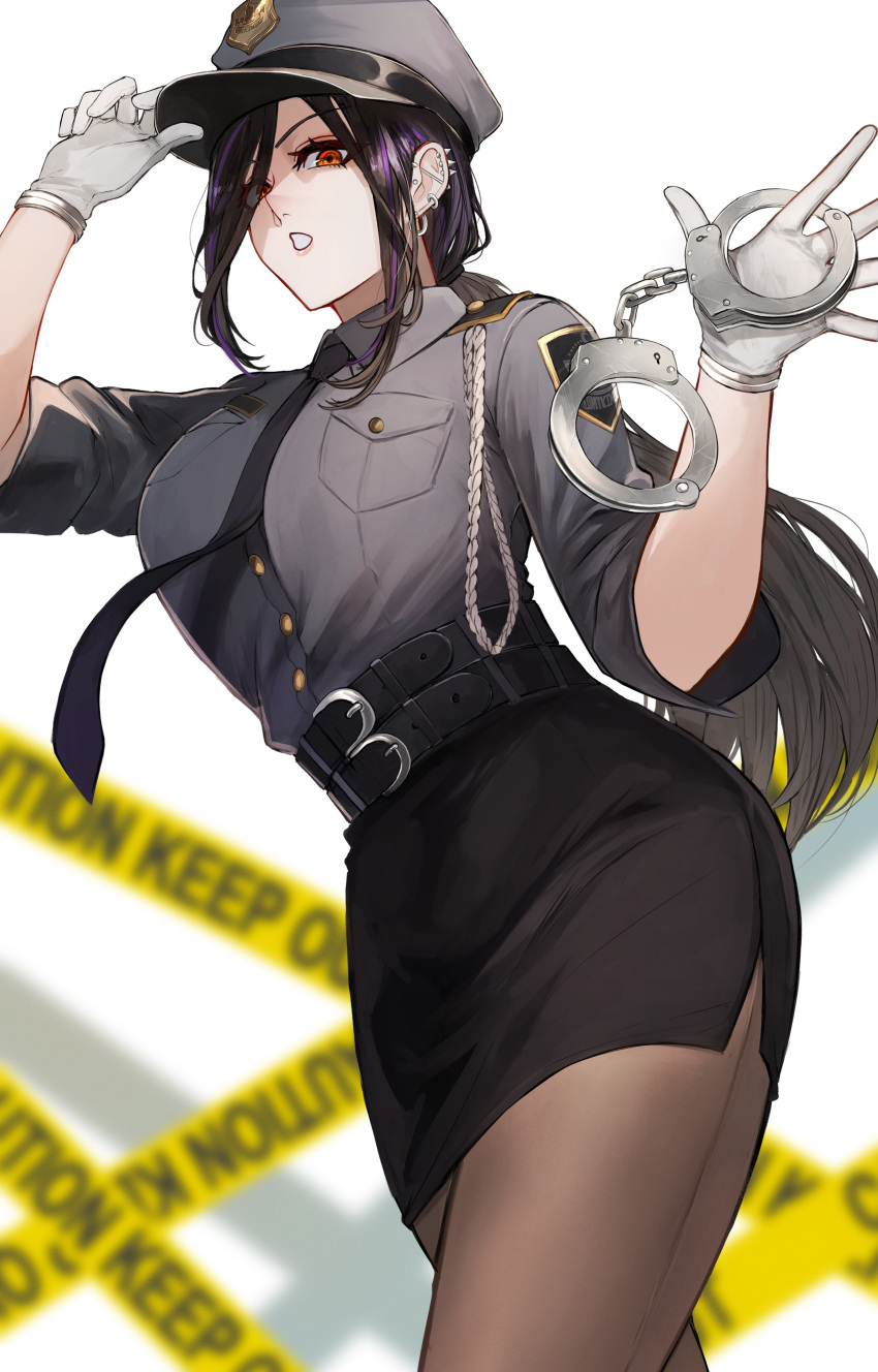 1girl absurdres belt black_hair blurry breast_pocket breasts cuffs gloves gradient_hair grey_hair hair_over_one_eye handcuff_dangle handcuffs hat highres holding holding_handcuffs large_breasts long_hair looking_at_viewer multicolored_hair necktie nekotokage nijisanji open_mouth orange_eyes pantyhose pencil_skirt pocket police police_hat police_uniform policeman policewoman shirayuki_tomoe shirt skirt solo uniform virtual_youtuber