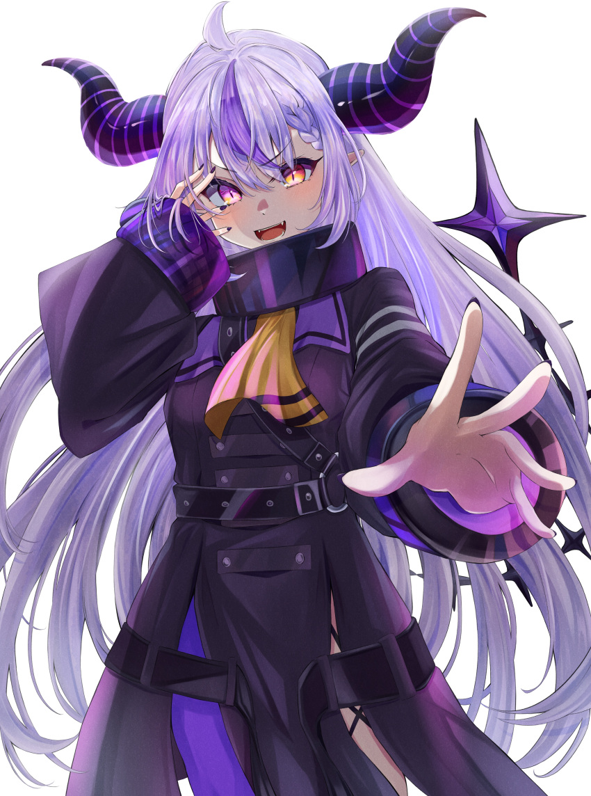 absurdres ahoge black_coat black_horns black_nails braid braided_bangs breasts chuunibyou coat covering_one_eye demon_girl demon_horns double-parted_bangs frontrivers_kae glowing glowing_eye grey_hair highres hololive horns la+_darknesss multicolored_hair neckerchief pantyhose pointy_ears purple_hair purple_pantyhose single_leg_pantyhose sleeves_past_wrists slit_pupils small_breasts streaked_hair striped_horns trench_coat virtual_youtuber white_background yellow_eyes yellow_neckerchief