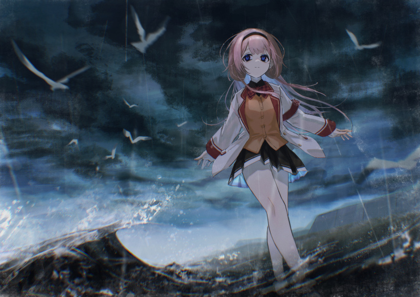 1girl absurdres bird black_hairband black_shirt black_skirt blazer blue_eyes bow bowtie cardigan closed_mouth cloud collared_shirt dark_clouds day dutch_angle from_below hairband happa_de_happy highres jacket light_smile long_hair long_sleeves low_twintails motion_blur nijisanji ocean open_clothes open_jacket orange_cardigan outdoors outstretched_arms overcast pink_hair plaid plaid_bow plaid_bowtie pleated_skirt rain red_armband red_bow red_bowtie sea_spray shirt sideways_glance skirt solo spread_arms storm suo_sango tareme twintails virtual_youtuber wading waves white_jacket