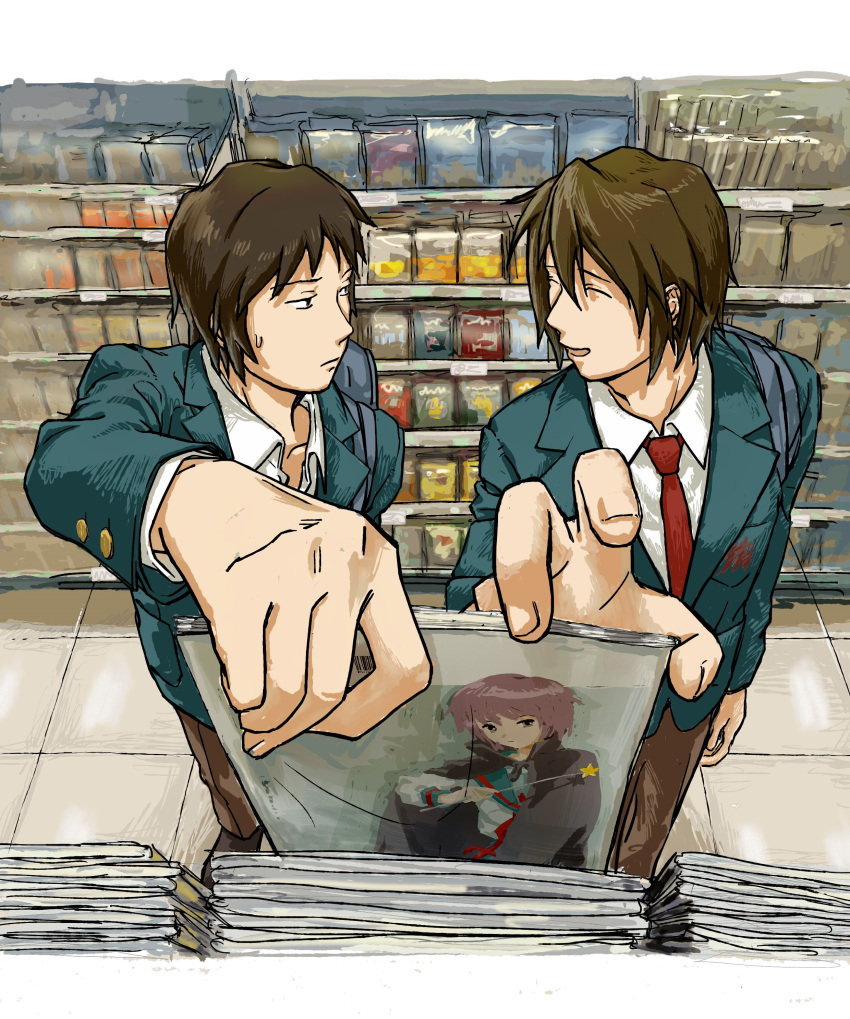 2boys absurdres bag blazer brown_hair brown_pants closed_eyes closed_mouth collarbone commentary_request fingernails green_jacket highres holding holding_magazine indoors jacket kita_high_school_uniform koizumi_itsuki kusoheadme_26 kyon long_sleeves looking_at_another looking_to_the_side magazine_(object) male_focus multiple_boys nagato_yuki necktie open_clothes open_jacket open_mouth pants red_necktie school_bag school_uniform shirt short_hair standing suzumiya_haruhi_no_yuuutsu sweatdrop white_shirt winter_uniform