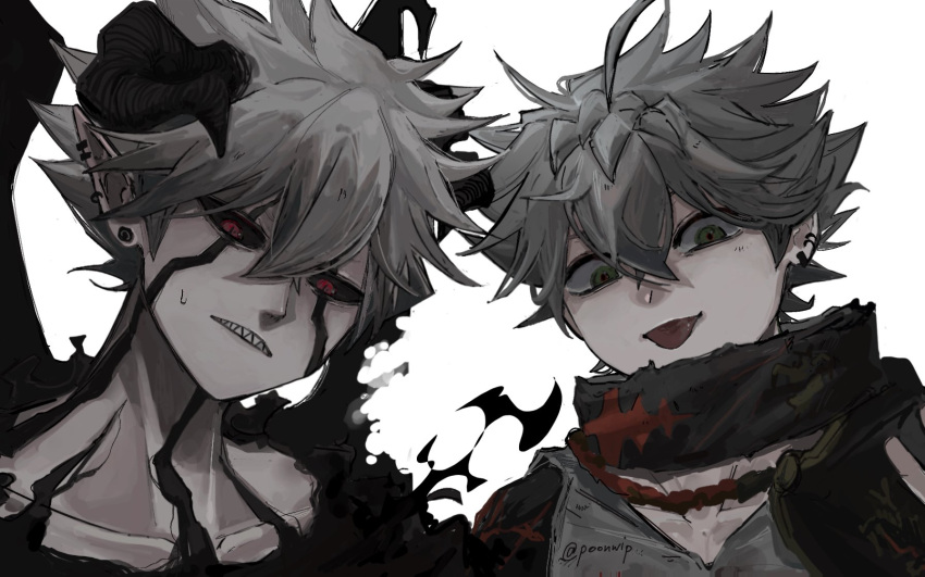 2boys asta_(black_clover) black_clover black_sclera colored_sclera demon_boy demon_horns green_eyes grey_hair highres horns liebe_(black_clover) male_focus multiple_boys open_mouth poonwip red_eyes sharp_teeth short_hair spiked_hair teeth tongue twitter_username white_background