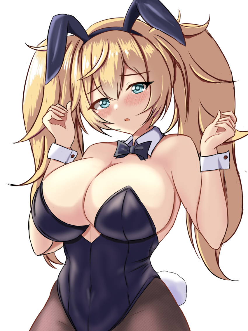 1girl alternate_costume animal_ears armpit_crease black_bow black_bowtie black_leotard black_pantyhose blonde_hair blue_eyes blush bow bowtie breasts cleavage cowboy detached_collar fake_animal_ears gambier_bay_(kancolle) hair_between_eyes highres kantai_collection large_breasts leotard long_hair looking_at_viewer montemasa pantyhose rabbit_tail simple_background solo strapless strapless_leotard tail traditional_bowtie twintails white_background